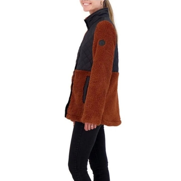 NWT Madden Girl Cozy Mixed-Media Fleece Jacket in Toffee Black - Picture 6 of 10